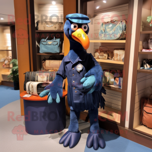 Navy Dodo Bird mascot costume character dressed with a Jumpsuit and Handbags