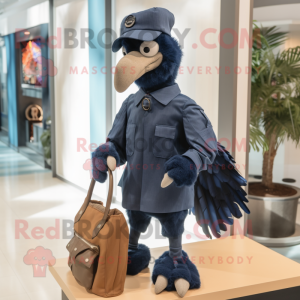 Navy Dodo Bird mascot costume character dressed with a Jumpsuit and Handbags