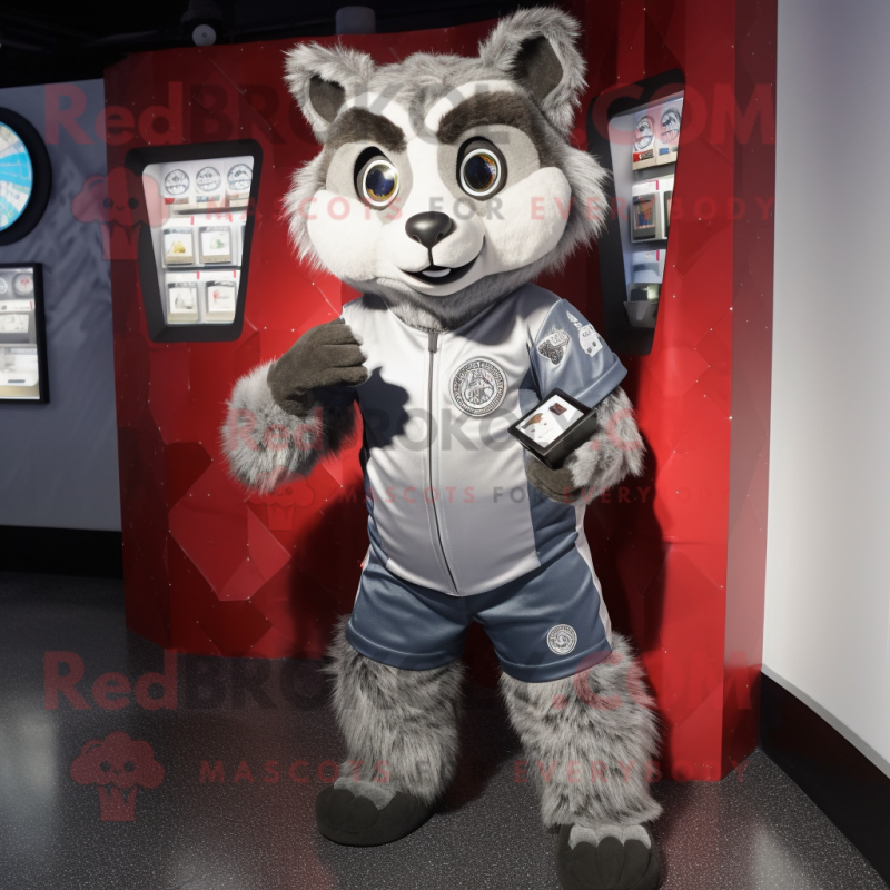 Silver Raccoon mascot costume character dressed with a Rash Guard and Coin purses