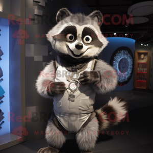 Silver Raccoon mascot costume character dressed with a Rash Guard and Coin purses