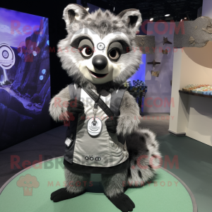 Silver Raccoon mascot costume character dressed with a Rash Guard and Coin purses