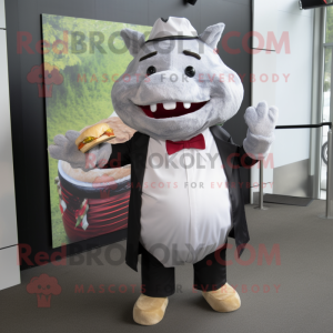 Silver Pulled Pork Sandwich mascot costume character dressed with a Suit Pants and Pocket squares