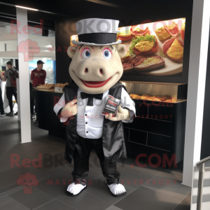 Silver Pulled Pork Sandwich mascot costume character dressed with a Suit Pants and Pocket squares