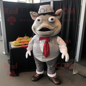 Silver Pulled Pork Sandwich mascot costume character dressed with a Suit Pants and Pocket squares