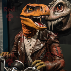 Rust Allosaurus mascot costume character dressed with a Biker Jacket and Tie pins