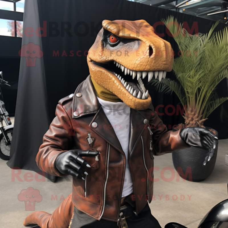 Rust Allosaurus mascot costume character dressed with a Biker Jacket and Tie pins