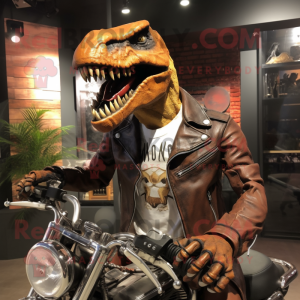 Rust Allosaurus mascot costume character dressed with a Biker Jacket and Tie pins