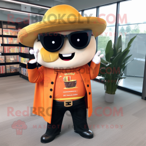 Orange Tacos mascot costume character dressed with a Leather Jacket and Reading glasses