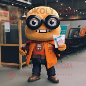 Orange Tacos mascot costume character dressed with a Leather Jacket and Reading glasses