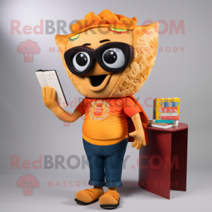 Orange Tacos mascot costume character dressed with a Leather Jacket and Reading glasses