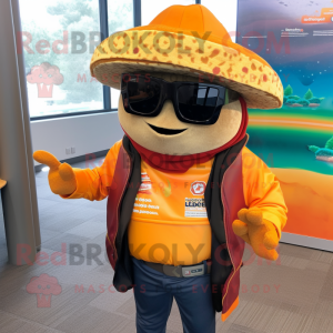 Orange Tacos mascot costume character dressed with a Leather Jacket and Reading glasses