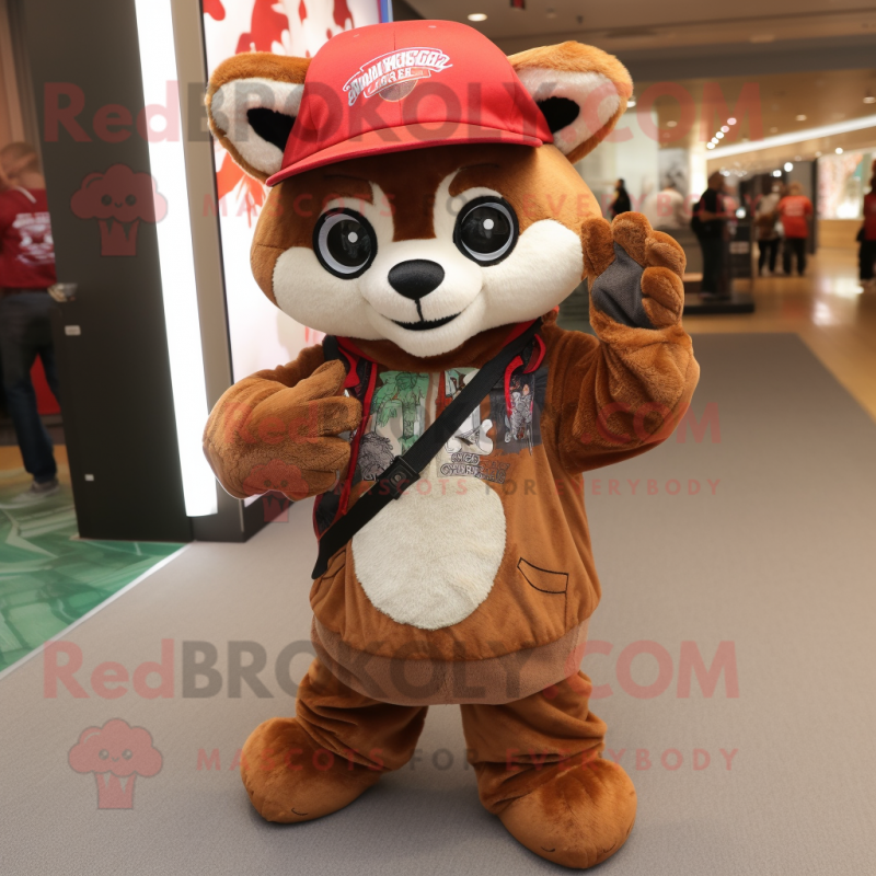 Tan Red Panda mascot costume character dressed with a Long Sleeve Tee and Beanies