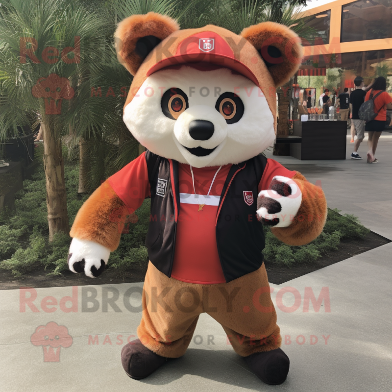 Tan Red Panda mascot costume character dressed with a Long Sleeve Tee and Beanies