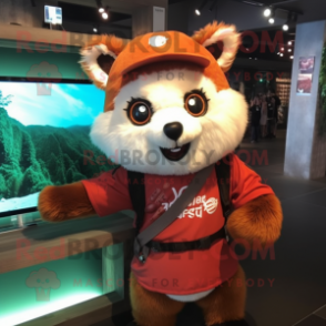 Tan Red Panda mascot costume character dressed with a Long Sleeve Tee and Beanies