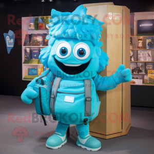 Cyan Lasagna mascot costume character dressed with a Cover-up and Backpacks