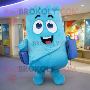 Cyan Lasagna mascot costume character dressed with a Cover-up and Backpacks