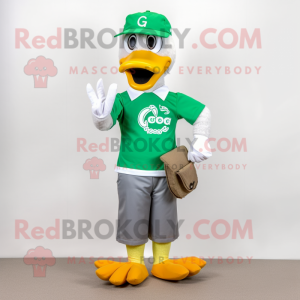 Green Goose mascot costume character dressed with a Polo Tee and Bracelets