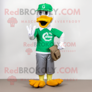 Green Goose mascot costume character dressed with a Polo Tee and Bracelets