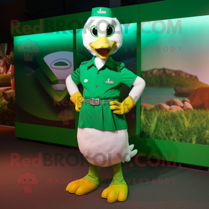 Green Goose mascot costume character dressed with a Polo Tee and Bracelets