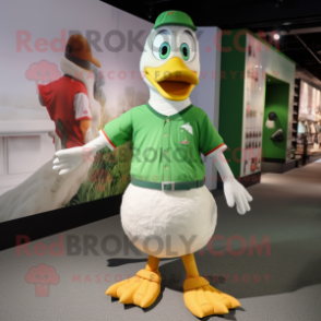 Green Goose mascot costume character dressed with a Polo Tee and Bracelets