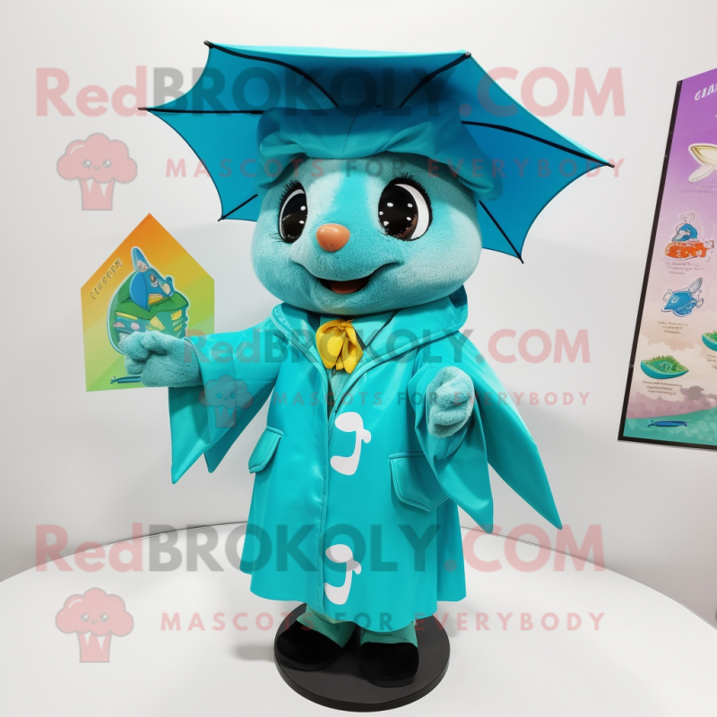 Turquoise Bat mascot costume character dressed with a Raincoat and Berets Turquoise Bat mascot costume character dressed with a Raincoat and Berets