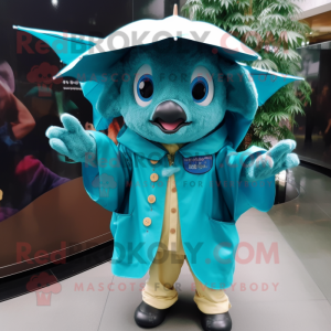 Turquoise Bat mascot costume character dressed with a Raincoat and Berets