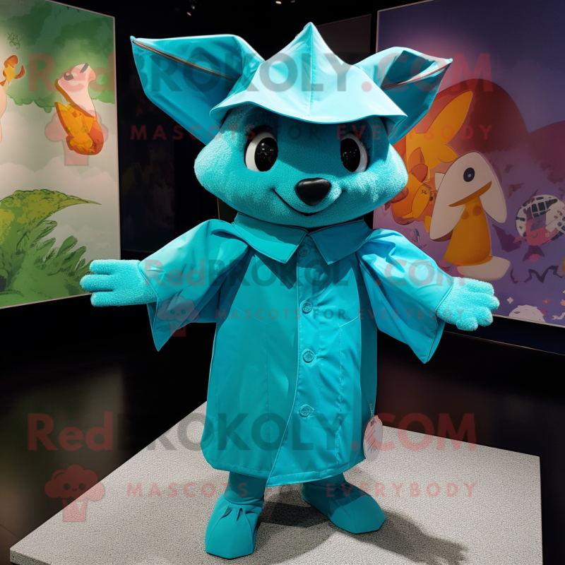 Turquoise Bat mascot costume character dressed with a Raincoat and Berets