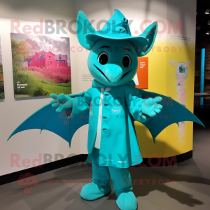Turquoise Bat mascot costume character dressed with a Raincoat and Berets