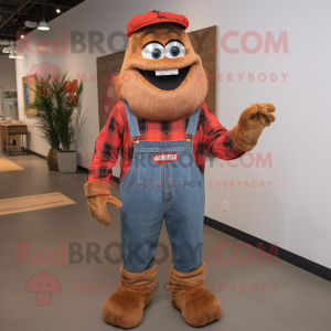 Rust Jambalaya mascot costume character dressed with a Flannel Shirt and Foot pads