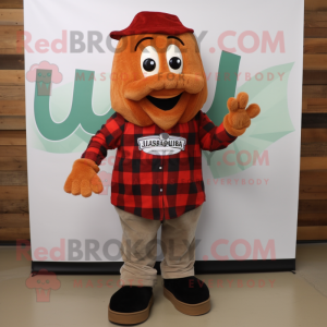 Rust Jambalaya mascot costume character dressed with a Flannel Shirt and Foot pads