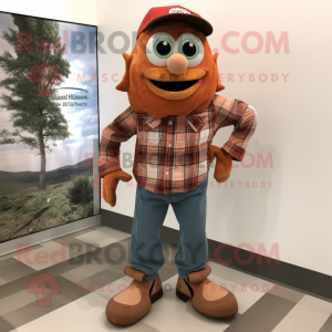 Rust Jambalaya mascot costume character dressed with a Flannel Shirt and Foot pads
