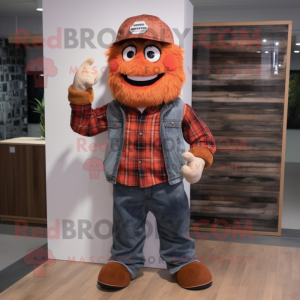 Rust Jambalaya mascot costume character dressed with a Flannel Shirt and Foot pads