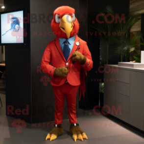 Red Macaw mascot costume character dressed with a Suit Jacket and Smartwatches