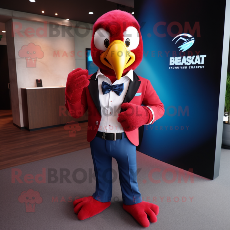 Red Macaw mascot costume character dressed with a Suit Jacket and Smartwatches