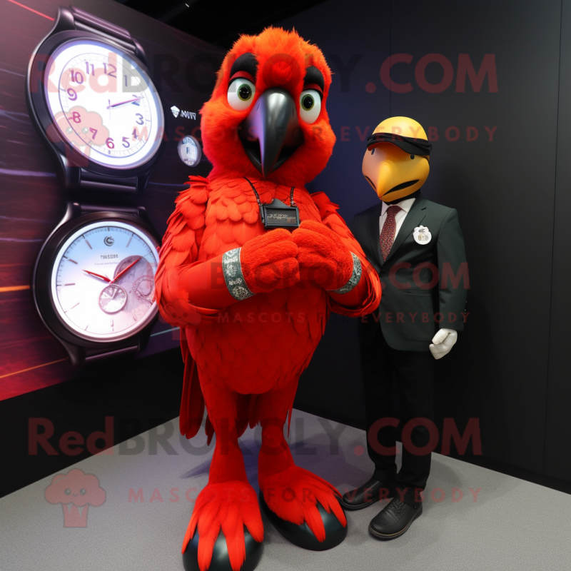 Red Macaw mascot costume character dressed with a Suit Jacket and Smartwatches