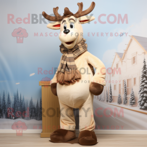 Beige Reindeer mascot costume character dressed with a Bootcut Jeans and Scarves