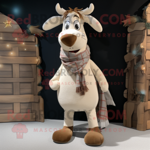 Beige Reindeer mascot costume character dressed with a Bootcut Jeans and Scarves
