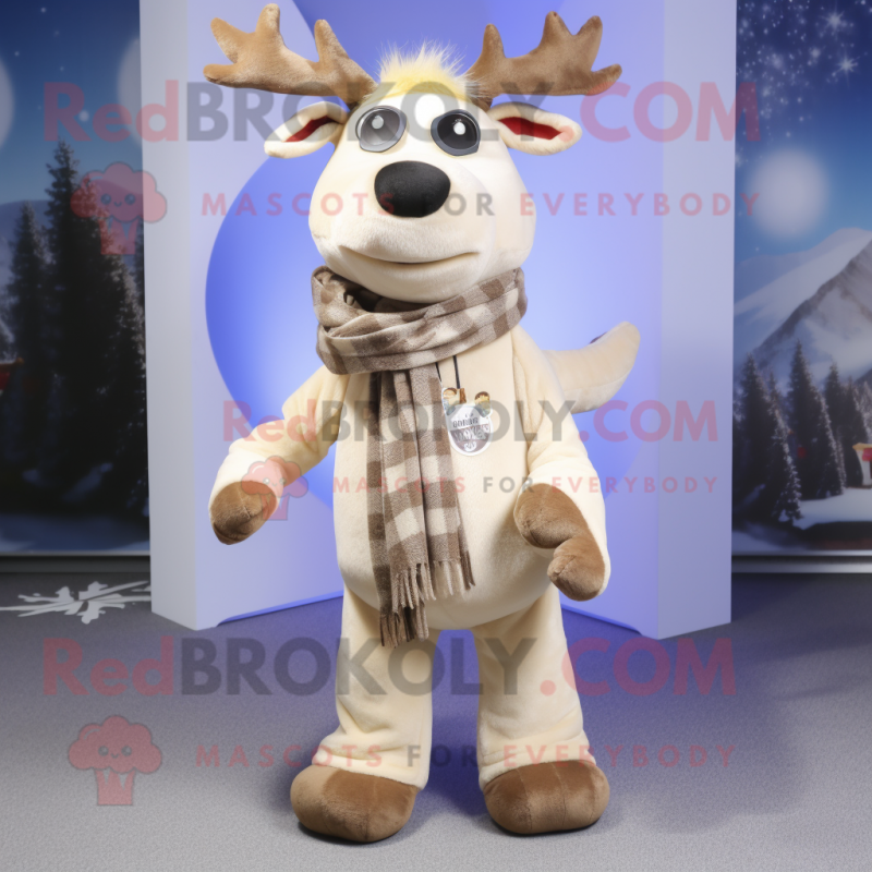 Beige Reindeer mascot costume character dressed with a Bootcut Jeans and Scarves