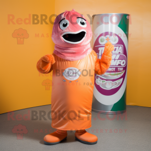 Peach Soda Can mascot costume character dressed with a Turtleneck and Shawl pins