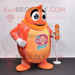 Peach Soda Can mascot costume character dressed with a Turtleneck and Shawl pins