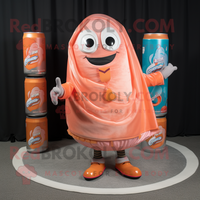 Peach Soda Can mascot costume character dressed with a Turtleneck and Shawl pins Peach Soda Can mascot costume character dressed with a Turtleneck and Shawl pins