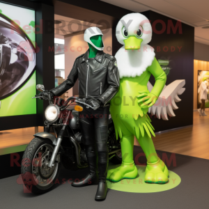 Lime Green Swan mascot costume character dressed with a Biker Jacket and Watches