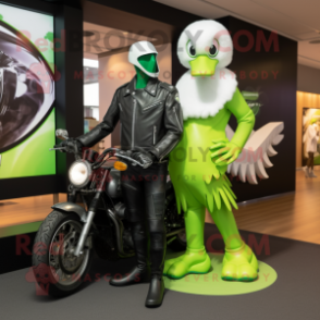 Lime Green Swan mascot costume character dressed with a Biker Jacket and Watches