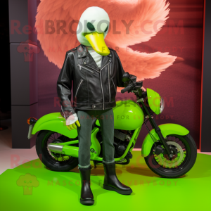 Lime Green Swan mascot costume character dressed with a Biker Jacket and Watches