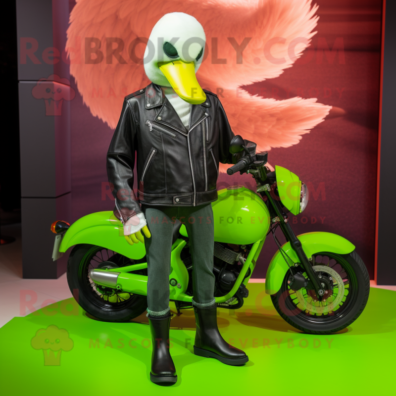 Lime Green Swan mascot costume character dressed with a Biker Jacket and Watches