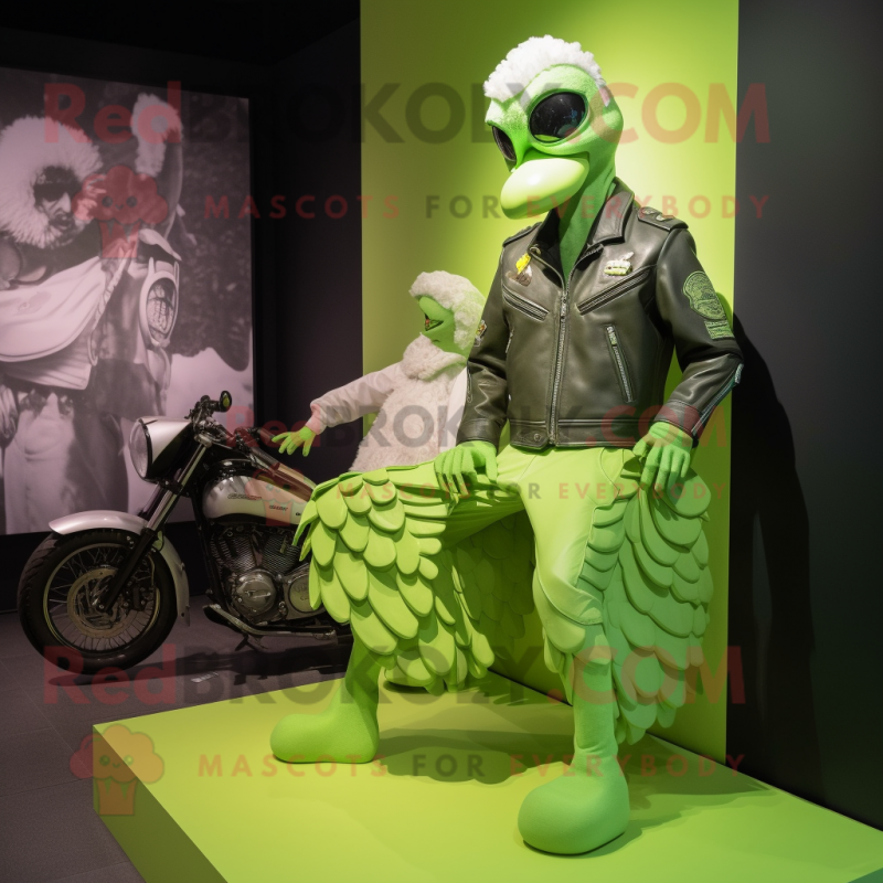 Lime Green Swan mascot costume character dressed with a Biker Jacket and Watches