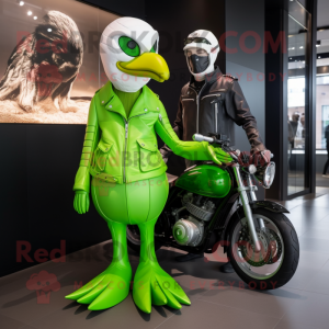 Lime Green Swan mascot costume character dressed with a Biker Jacket and Watches