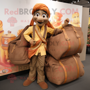 Brown Tikka Masala mascot costume character dressed with a Cargo Pants and Handbags