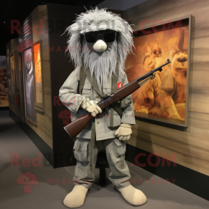 Gray Sniper mascot costume character dressed with a Henley Tee and Shoe laces