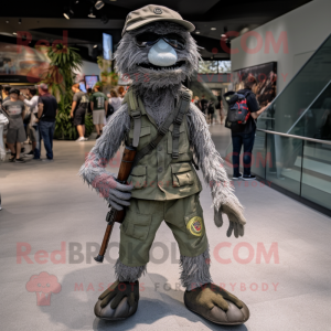 Gray Sniper mascot costume character dressed with a Henley Tee and Shoe laces